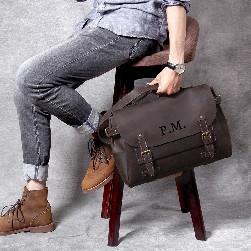 Men's Leather Shoulder Briefcase, Messenger Bag, Laptop Bag, Leather Business Bag, Handmade Bag