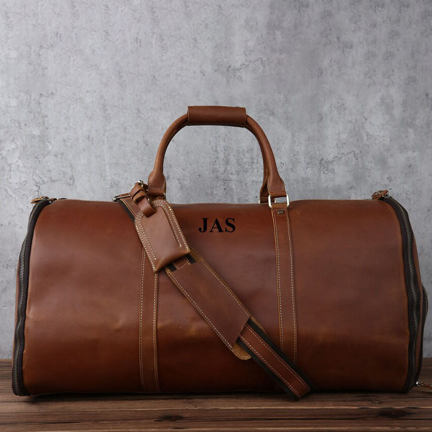 Personalized Carry On Garment Bag Full Grain Leather Convertible Garment Bag with Shoes Compartment
