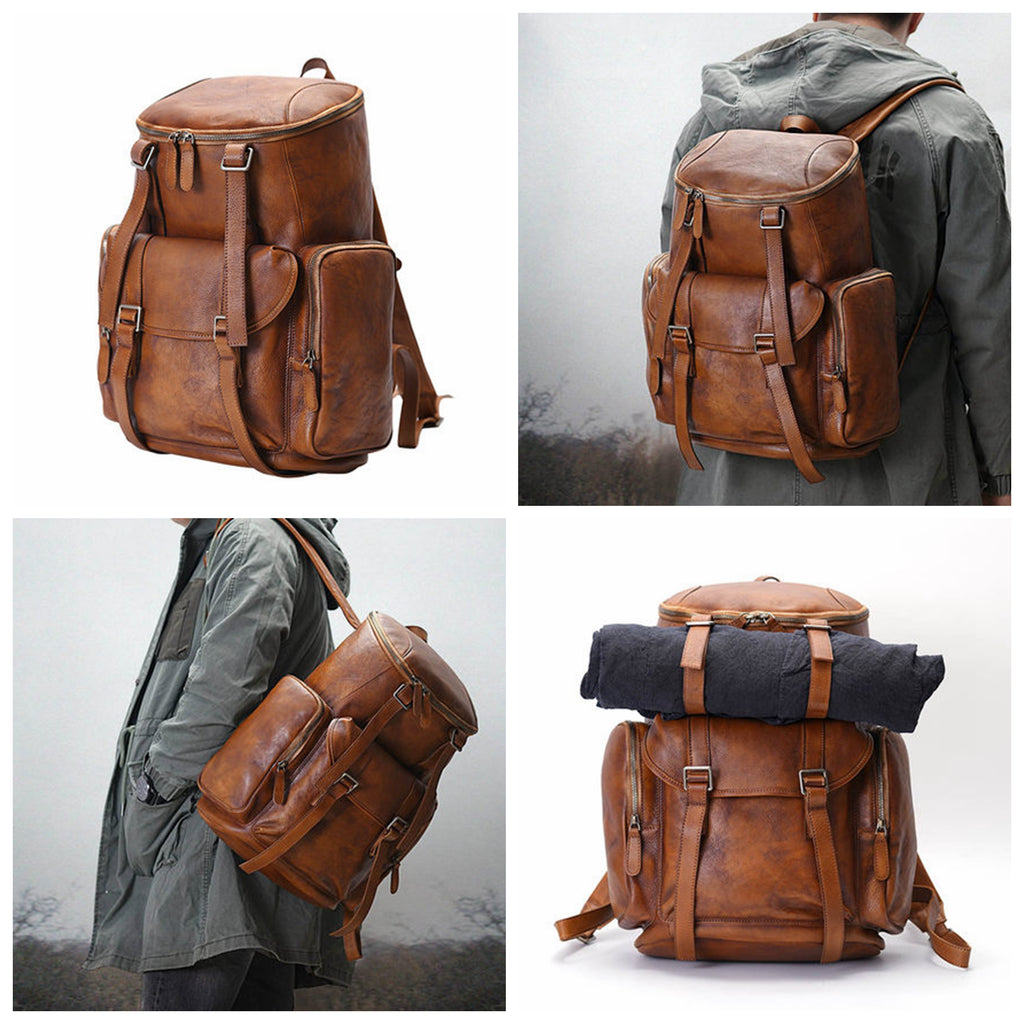 Personalized Leather Backpack Men Travel Backpack Hiking Rucksack Unisex Backpack Weekender Backpack - LISABAG