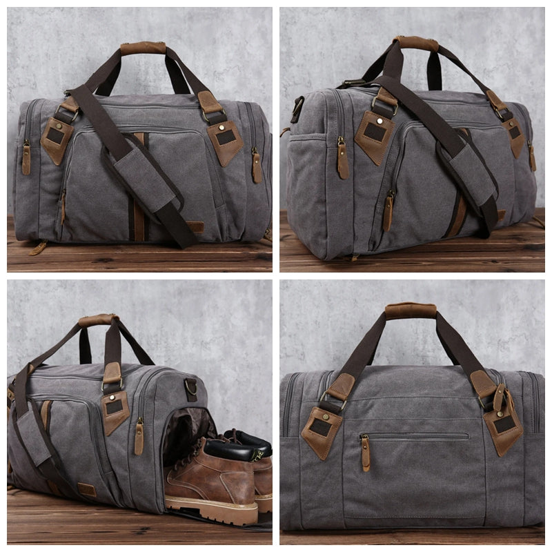 Handmade Leather Weekender, Canvas Duffle Bag, Personalized Travel Bag, Overnight Bag, Overnight Bag with Shoes Compartment