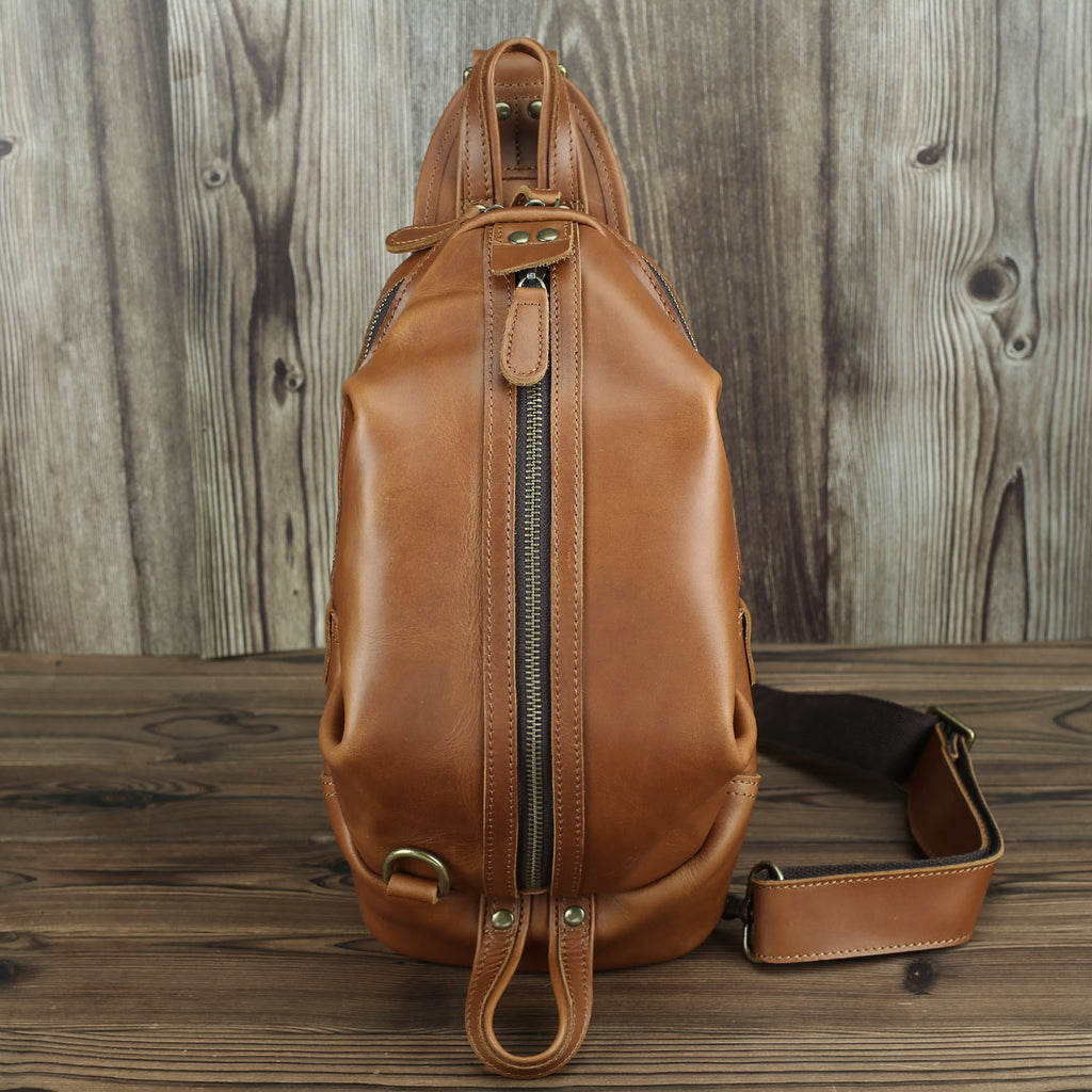 Handmade Men's Full Grain Leather Chest Bag Sling Shoulder Bag Unbalance Leather Backpack NP01