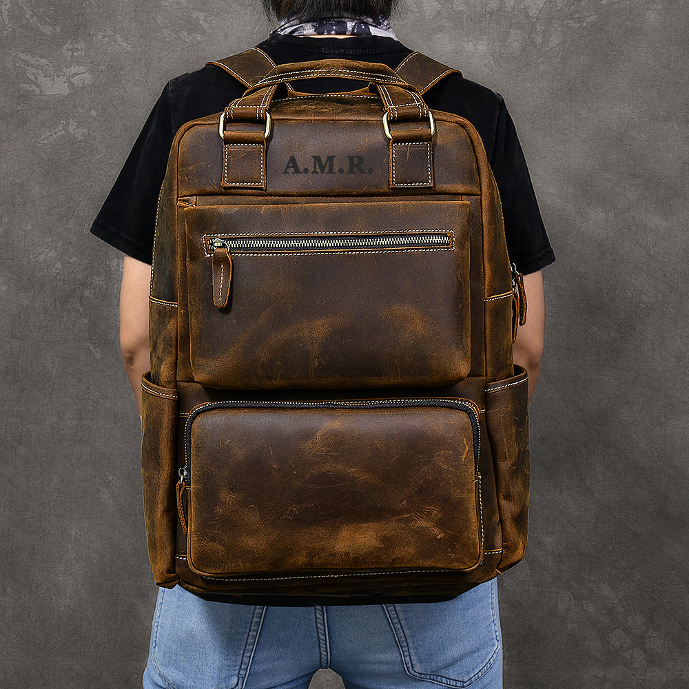 Personalized Leather Backpack with Top Handles Travel Backpack Laptop Backpack Weekender Leather Backpack