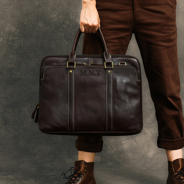 Personalized Leather Briefcase Anniversary Gift for Him Shoulder Bag Top Handle Leather Bag Laptop Bag
