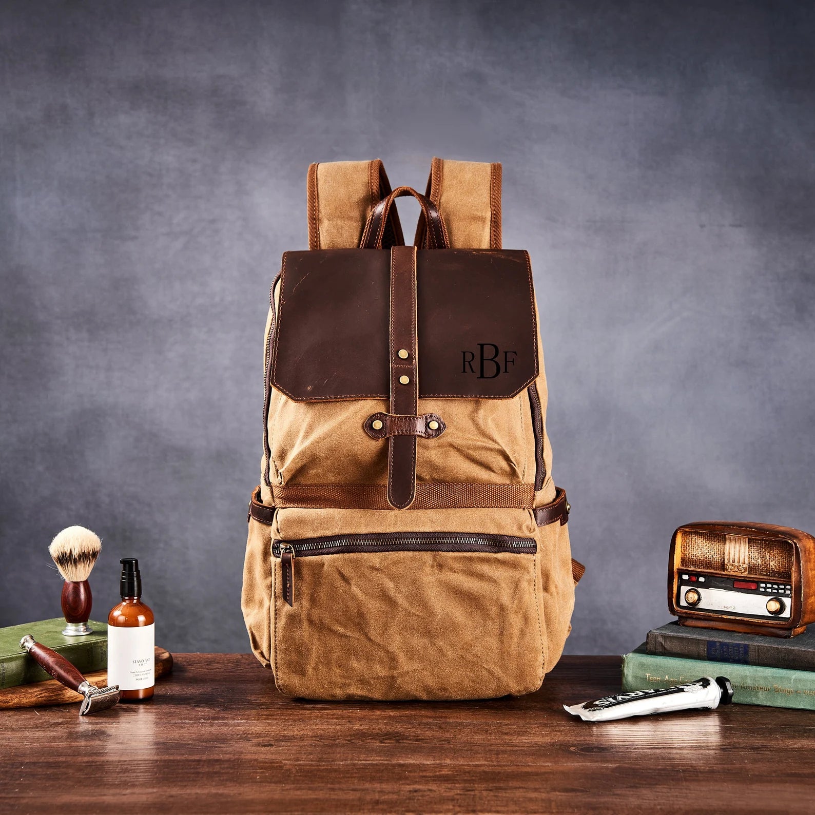cotton canvas backpack leather Laptop Backpack, Waxed Canvas Backpack, Leather Backpack, Teacher Backpack, Personalized Backpack, Fathers Day Gift Khaki / No