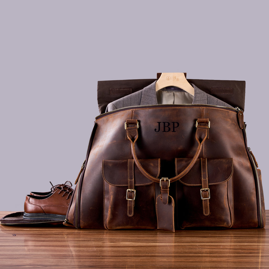 Personalized Leather Hanging Clothes Bag, Leather Duffel Bag with Shoe Pouch, Carry-on Garment Bag, Groomsmen Gift Bag