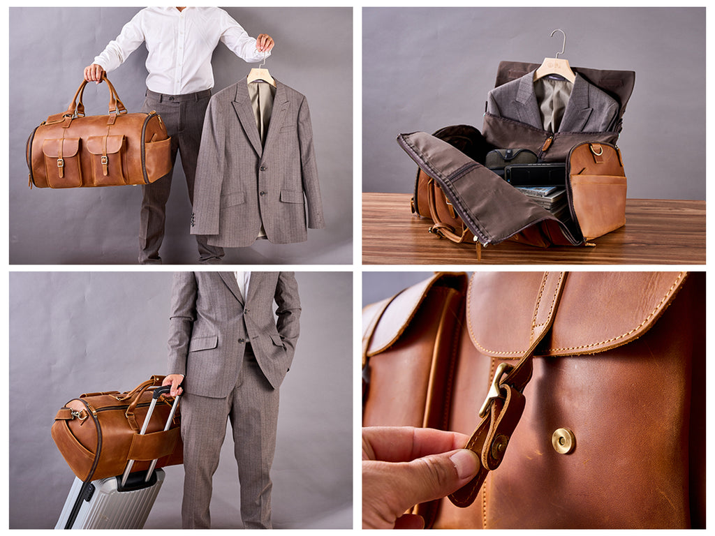 Personalized Mens Leather Garment Bag for Travel, Leather Duffel Bag, Convertible Garment Bag with Shoes Compartmen, Carry-on Bag