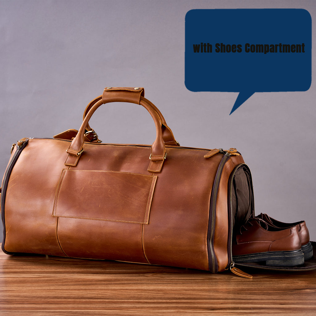 Personalized Mens Leather Garment Bag for Travel, Leather Duffel Bag, Convertible Garment Bag with Shoes Compartmen, Carry-on Bag