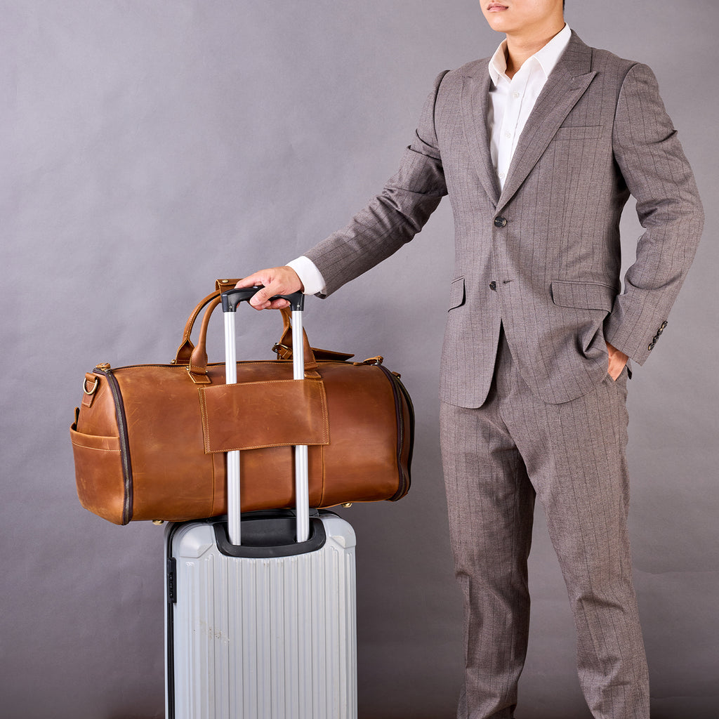 Personalized Mens Leather Garment Bag for Travel, Leather Duffel Bag, Convertible Garment Bag with Shoes Compartmen, Carry-on Bag