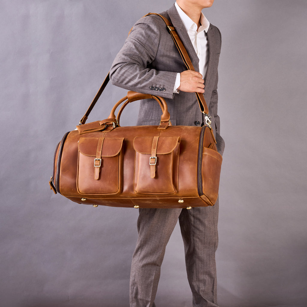 Personalized Mens Leather Garment Bag for Travel, Leather Duffel Bag, Convertible Garment Bag with Shoes Compartmen, Carry-on Bag
