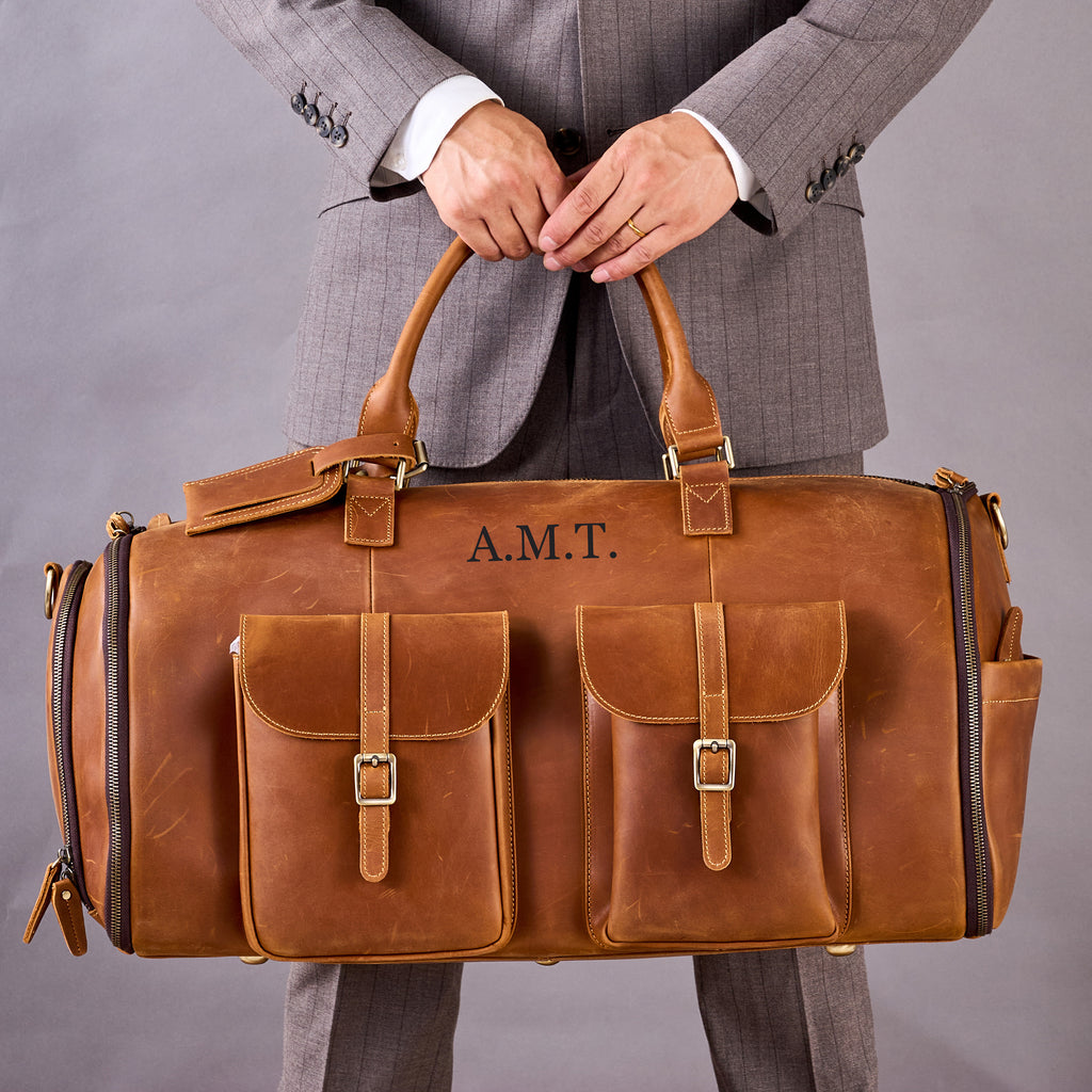 Personalized Mens Leather Garment Bag for Travel, Leather Duffel Bag, Convertible Garment Bag with Shoes Compartmen, Carry-on Bag