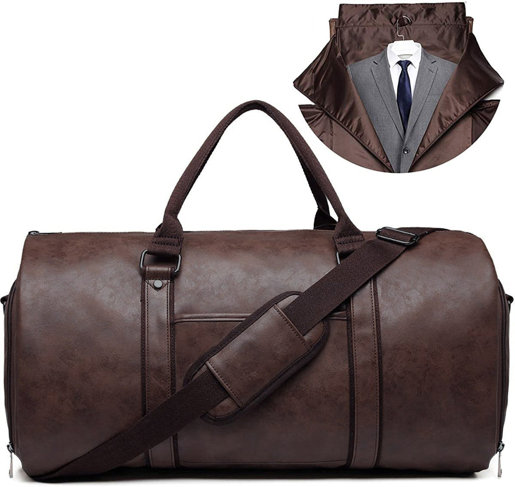 Carry on Garment Duffle Bag, Vegan Leather Weekend Bag with Shoes Compartment, Hanging On Clothes Bag