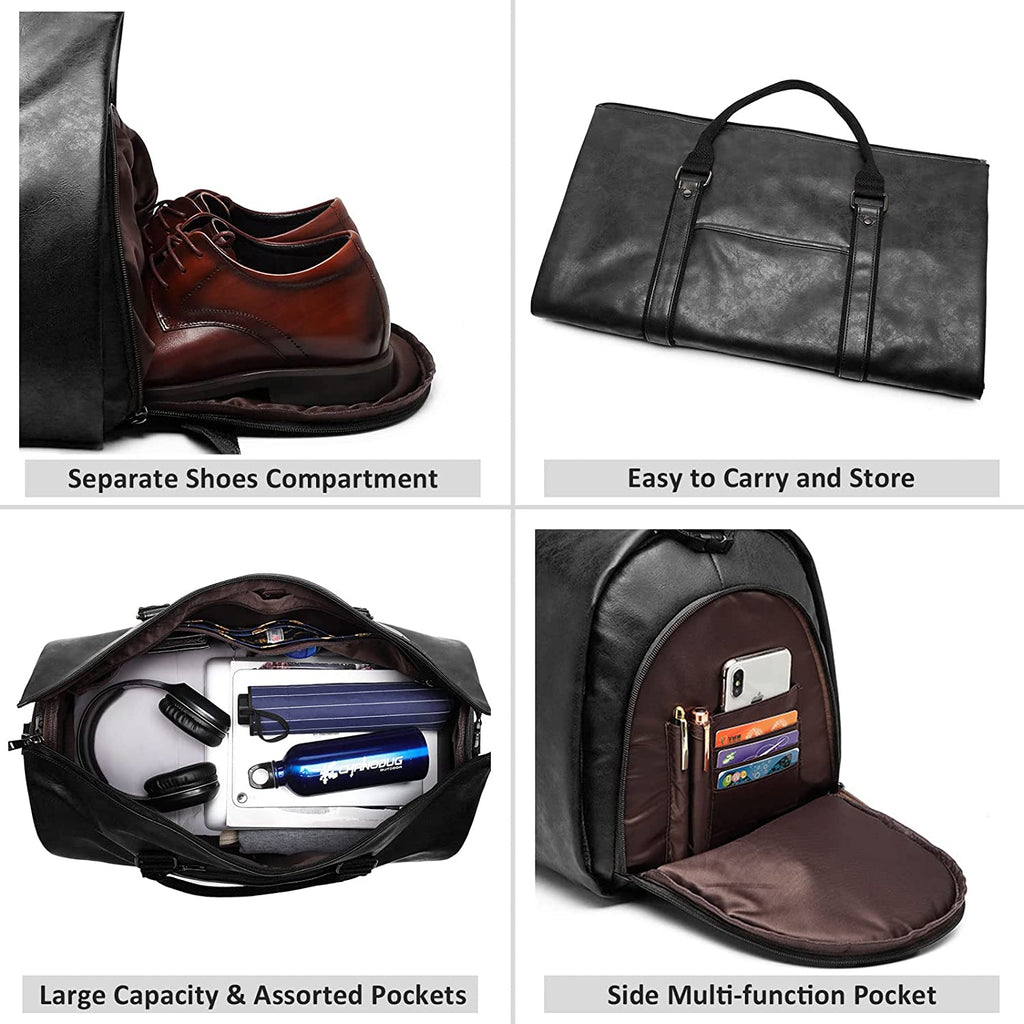 Carry on Garment Duffle Bag, Vegan Leather Weekend Bag with Shoes Compartment, Hanging On Clothes Bag