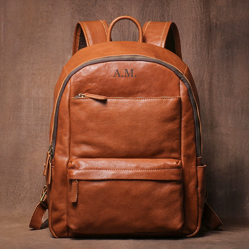 backpack name monogram leather Personalized Leather Backpack,Unisex Vintage Soft Look,Minimalist Style,Versatile Leather Backpack,Monogrammed Leather Rucksack Brown / Yes