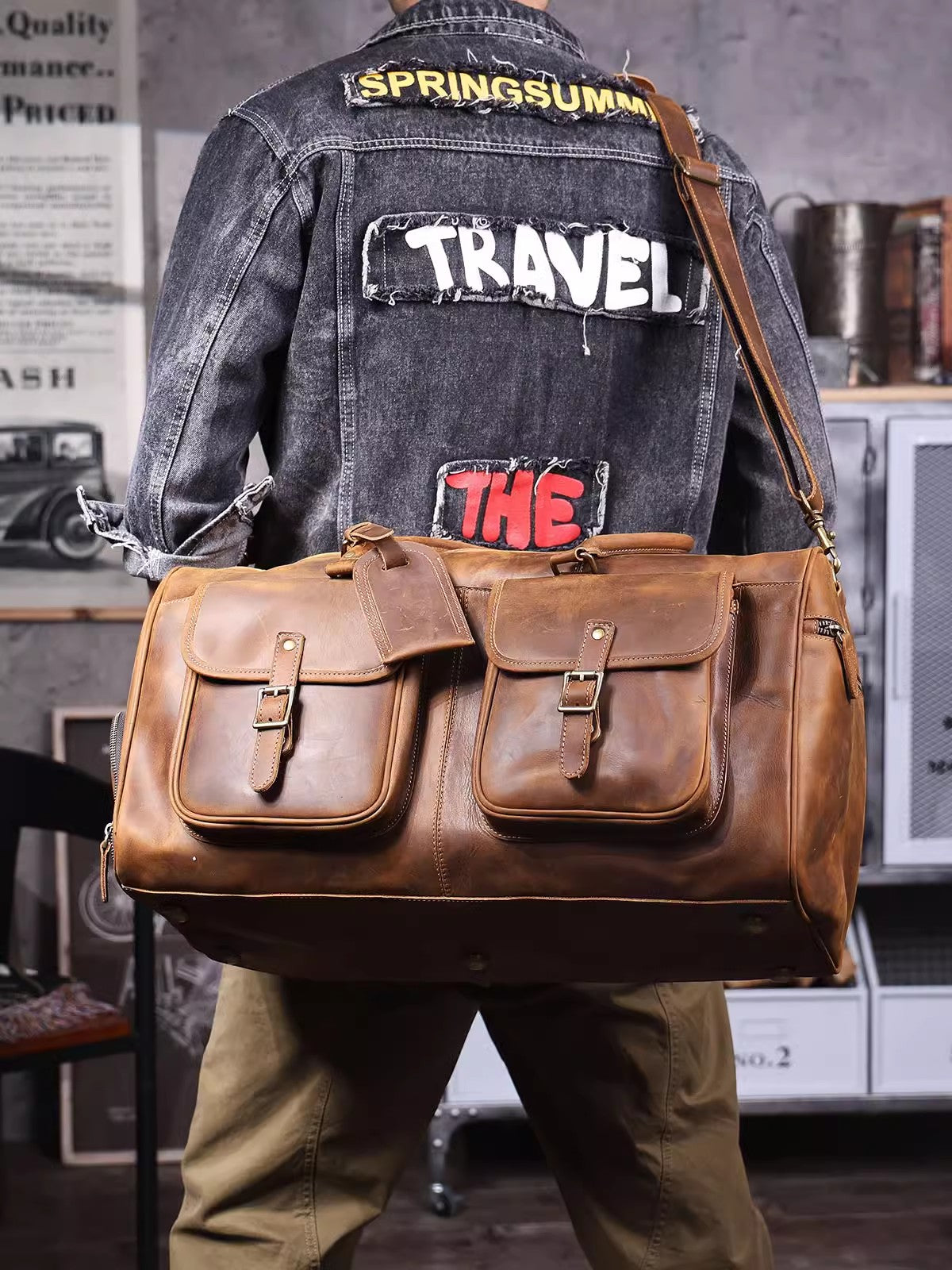 Personalized Leather Duffle Bag, Large Travel Bag, Mens Leather Weekend Bag, Outdoor Bag, Holdall Bag Dark Brown / No