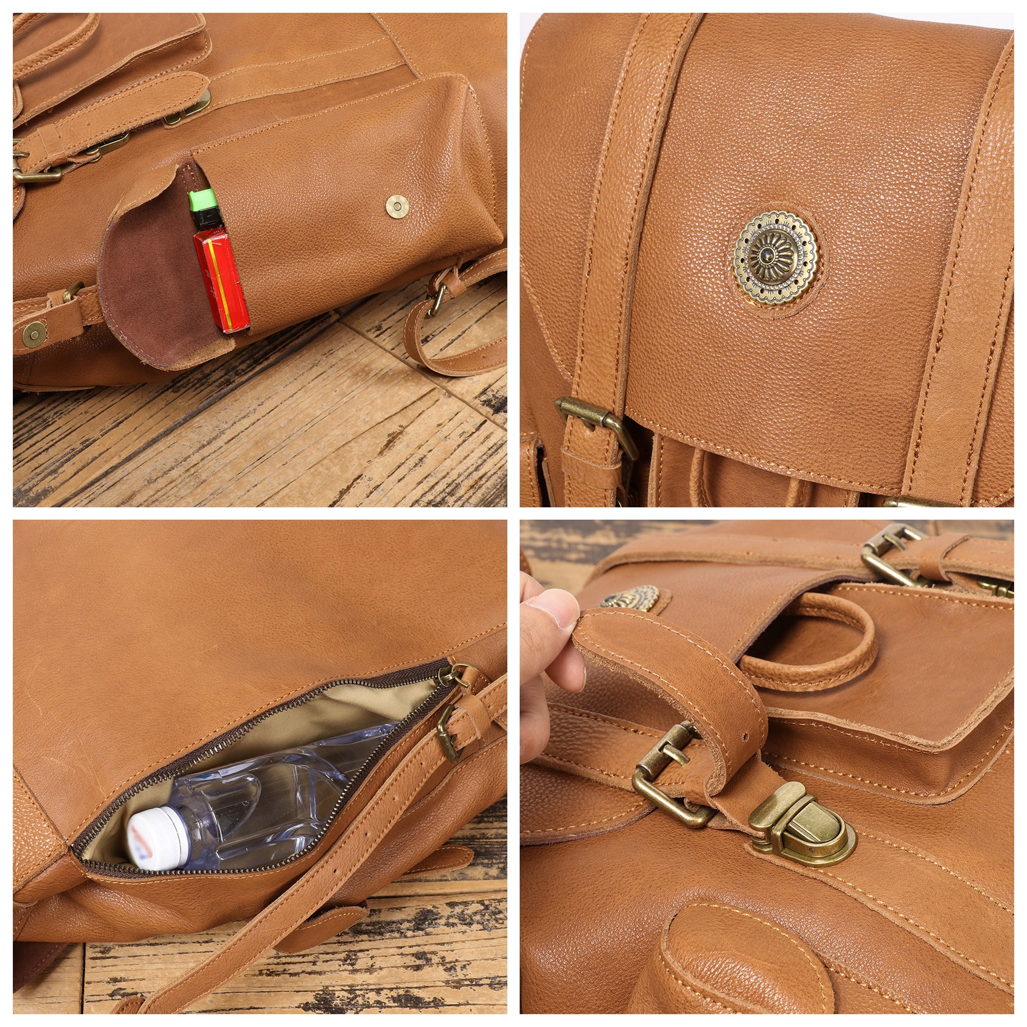 Full Grain Leather Backpack Unisex School Backpack 15.6'' Laptop Backpack Weekender Backpack NP03 Dark Coffee / Yes