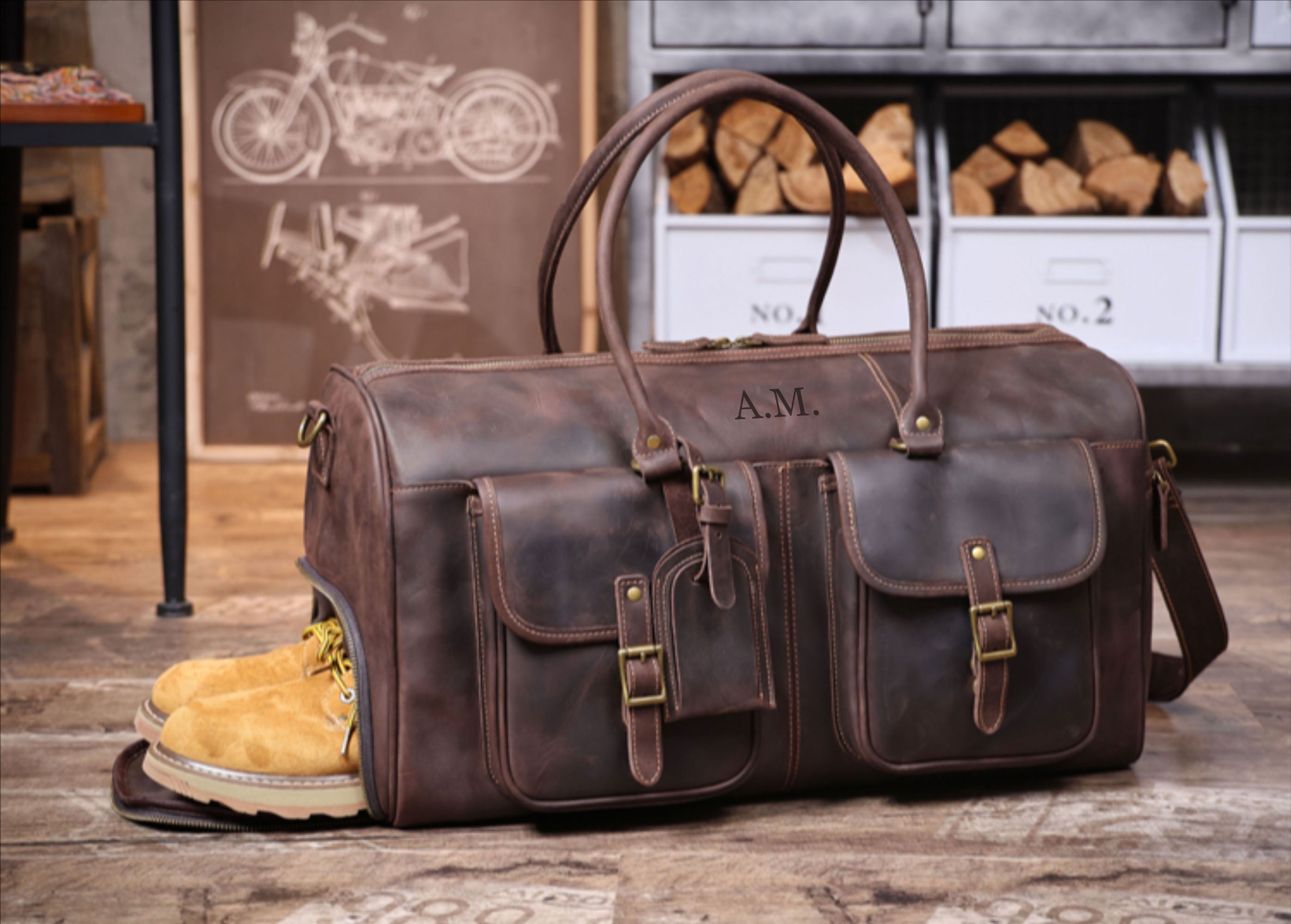 Personalized Leather Duffle Bag, Large Travel Bag, Mens Leather Weekend Bag, Outdoor Bag, Holdall Bag Dark Brown / Yes