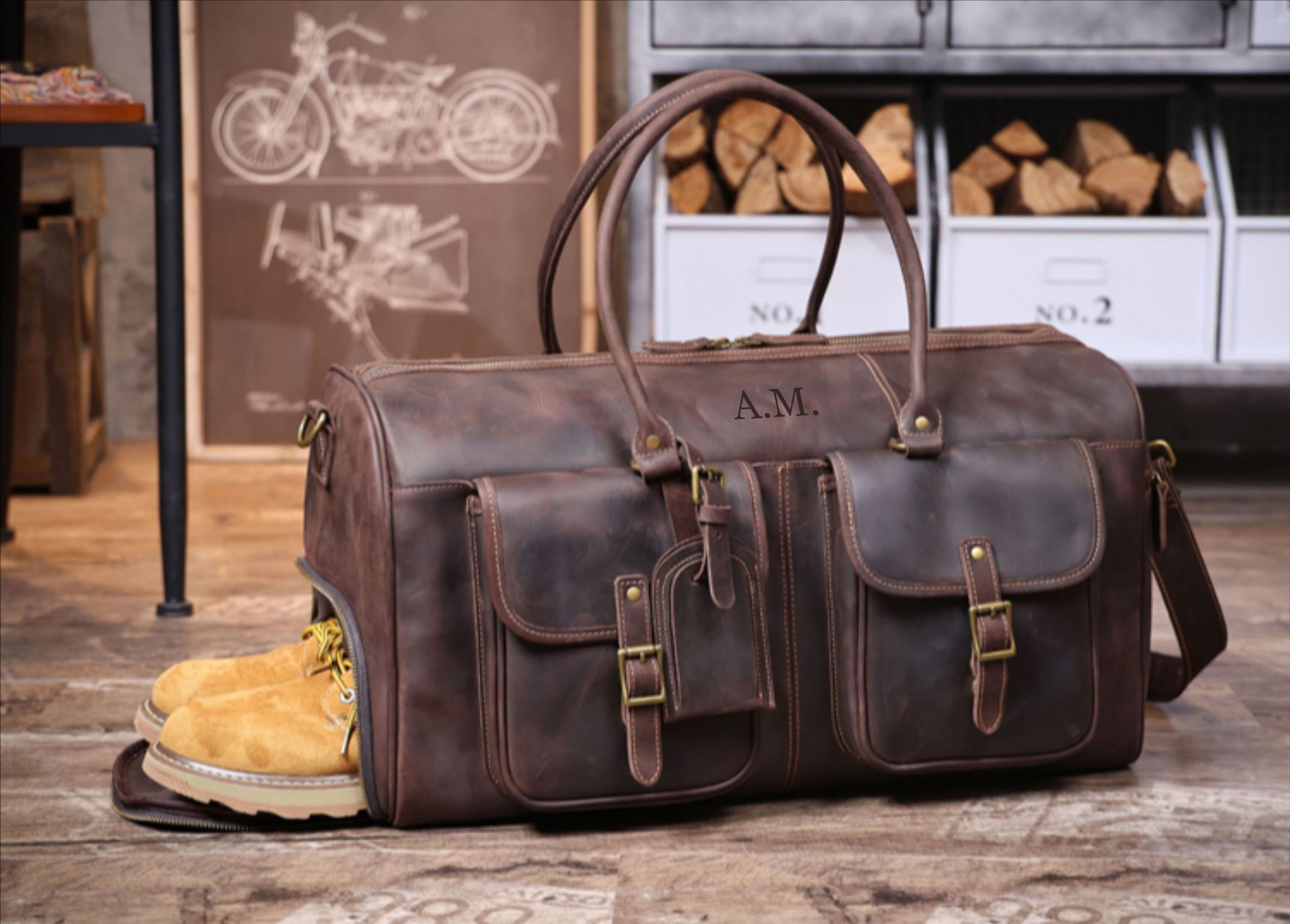 Personalized Leather Duffle Bag, Large Travel Bag, Mens Leather