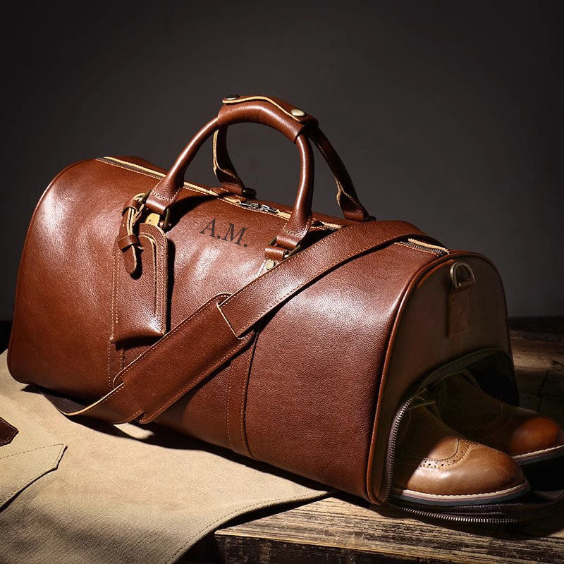 Full Grain Leather Duffle Bag with shoe Compartment Personalized Large Weekend Bag Leather Travel Bag Holdall