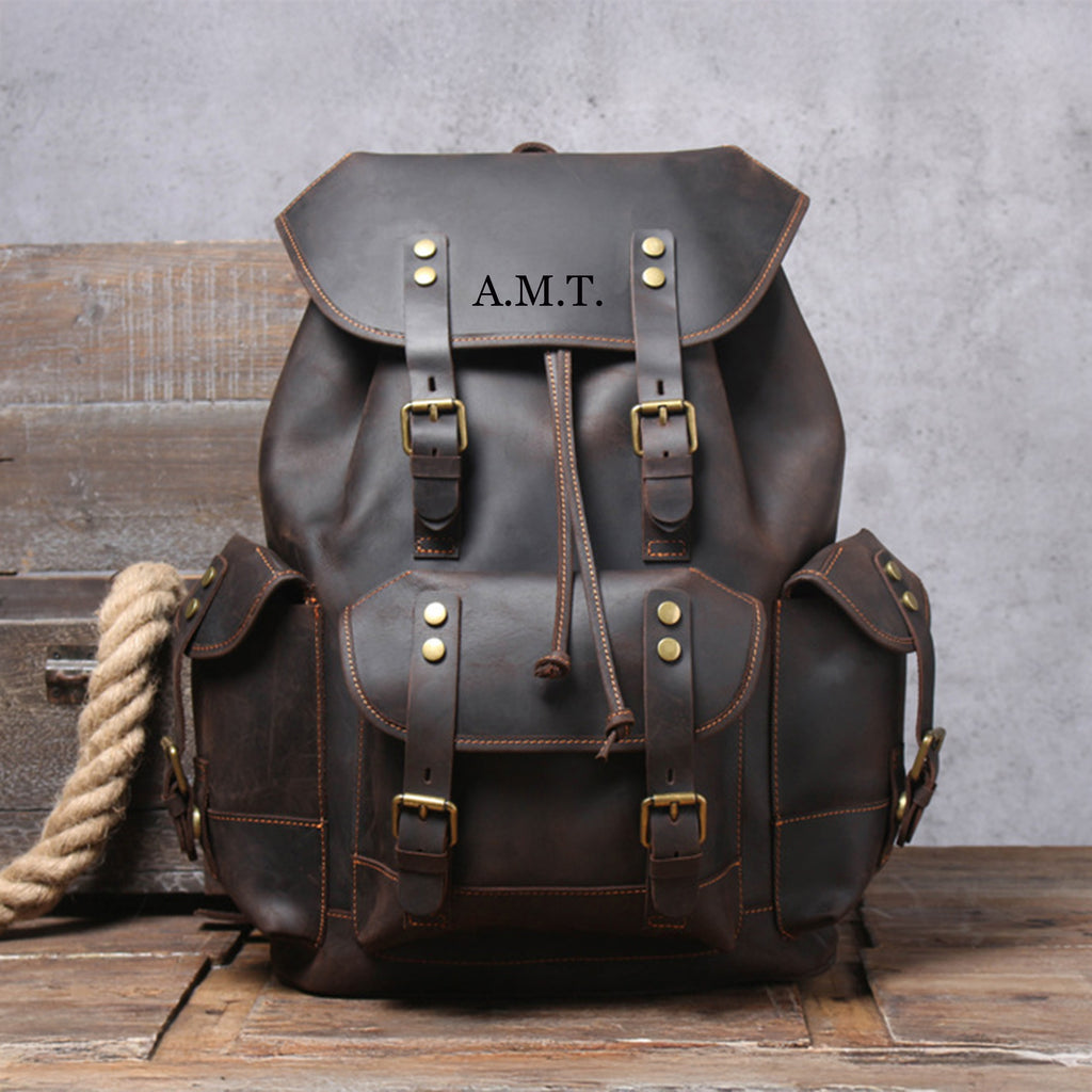 Large Leather Backpack For Men, Personalized Leather Travel Rucksack, Anniversary Gift For Husband, Custom 15 inch Large Laptop Backpack