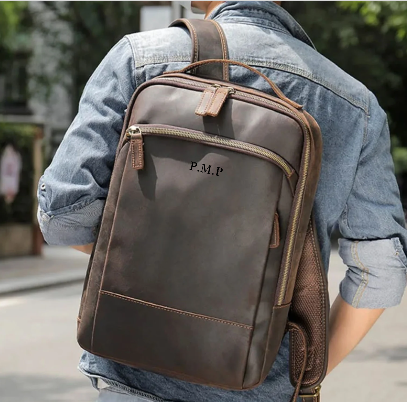 black brown 1826 leather backpack Personalized Leather Backpack 15.6‘’ Laptop Daypack Full Grain Leather School Backpack Dark Brown / Yes