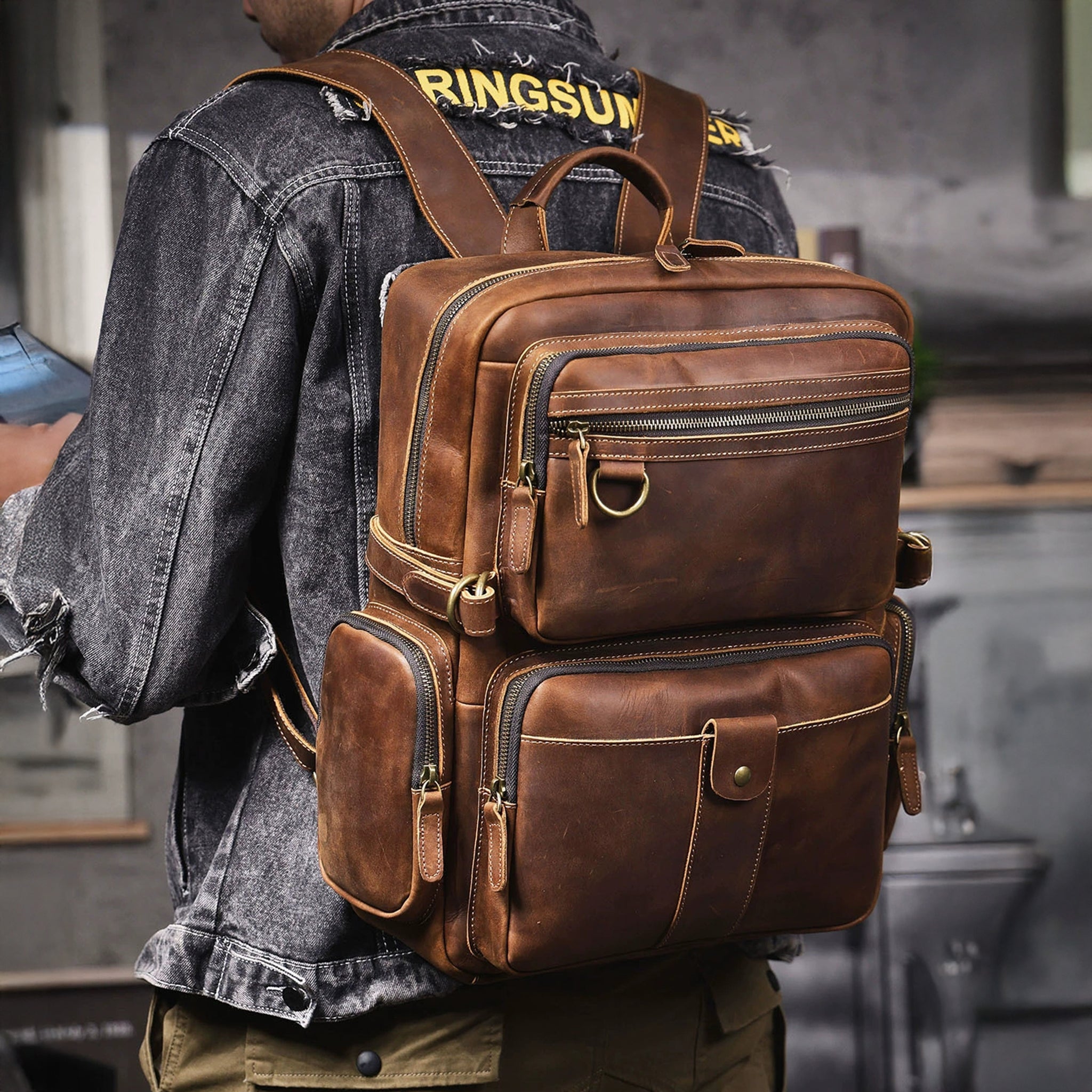 backpack leather mens Kineo Full-Grain Leather Backpacks King Ranch Saddle Shop Adjustable padded backpack straps Backpack Brown Handcrafted Leather -