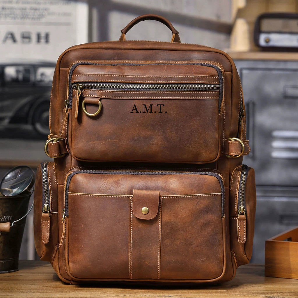 Personalized Full Grain Leather Backpack, Men Leather Travel Backpack, 15'' Laptop Backpack, Best Gift for Him, Dad Gift, Father's Day Gift