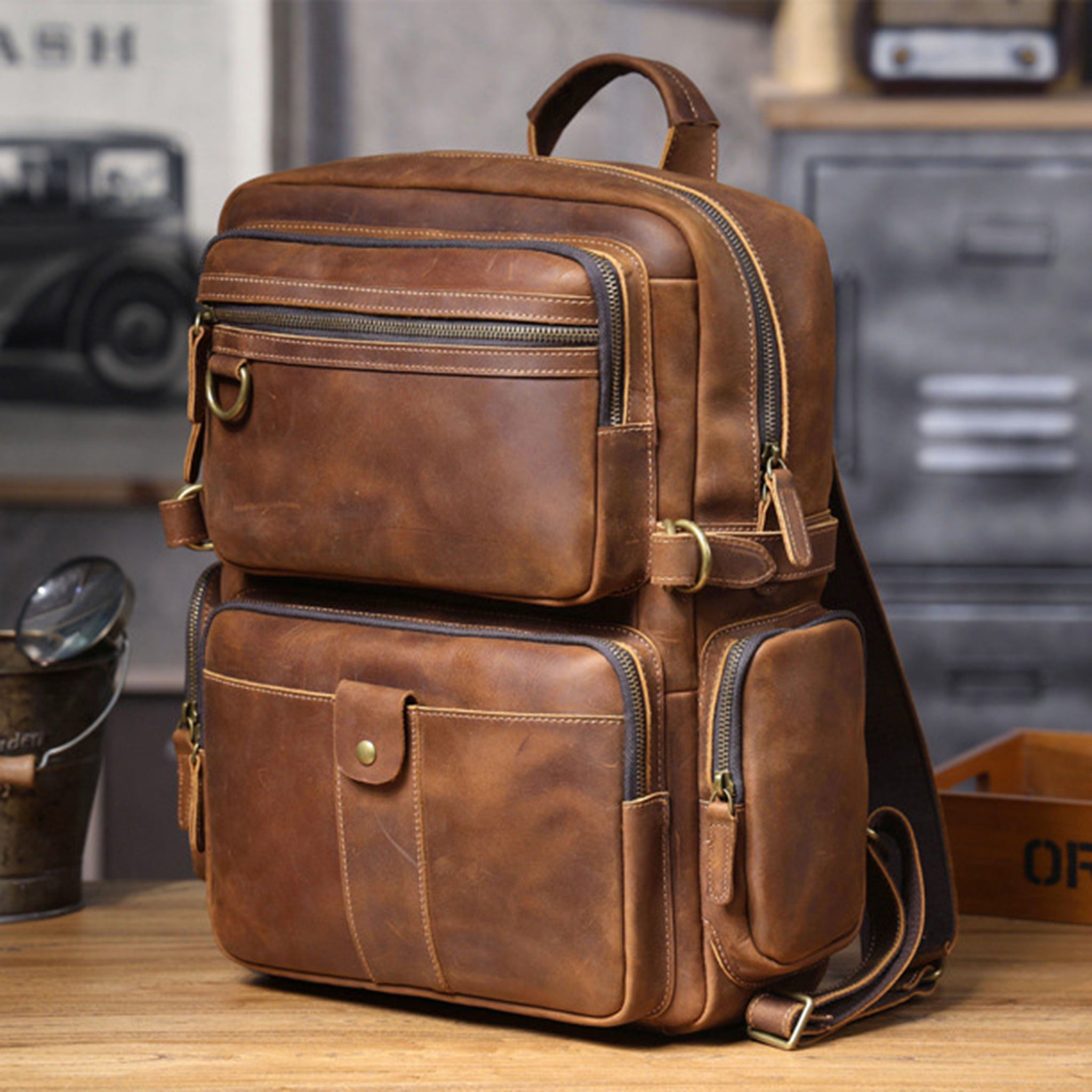 Personalized Full Grain Leather Backpack, Men Leather Travel Backpack, 15'' Laptop Backpack, Best Gift for Him, Dad Gift, Father's Day Gift Dark Brown