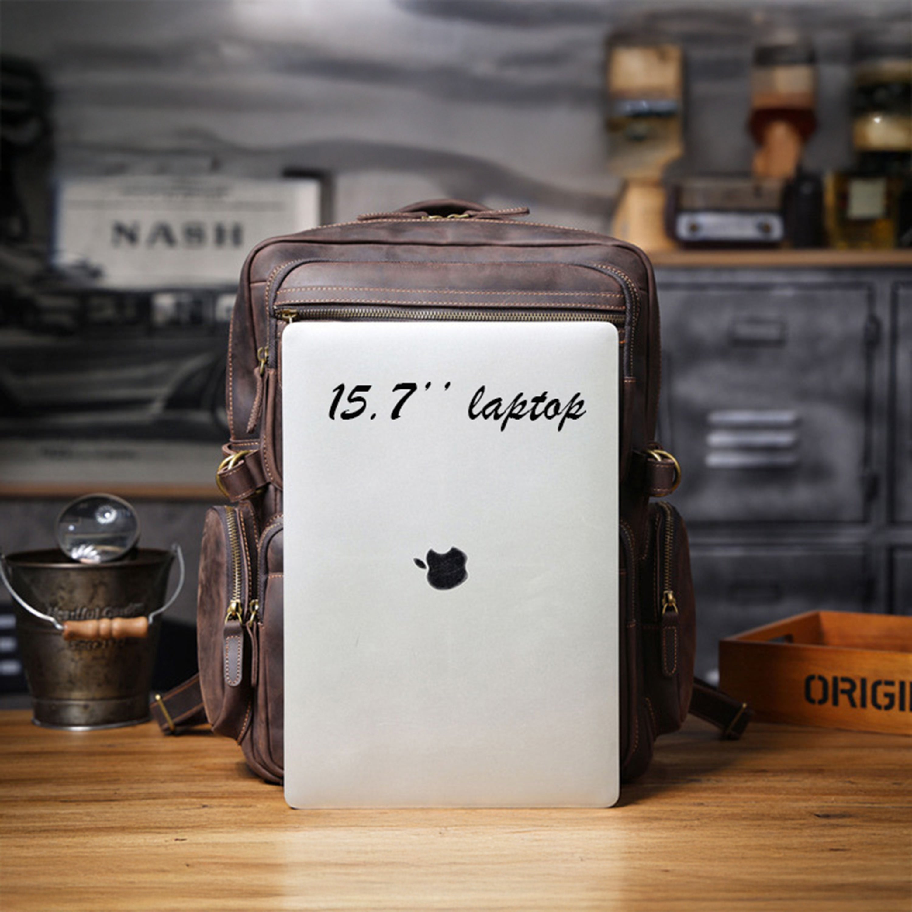 Personalized Full Grain Leather Backpack, Men Leather Travel Backpack, 15'' Laptop Backpack, Best Gift for Him, Dad Gift, Father's Day Gift Dark Brown