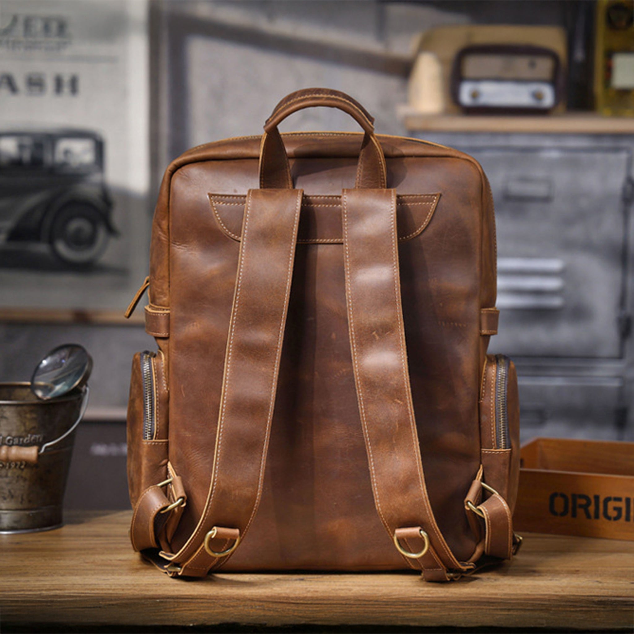 Personalized Full Grain Leather Backpack, Men Leather Travel Backpack, 15'' Laptop Backpack, Best Gift for Him, Dad Gift, Father's Day Gift Dark Brown