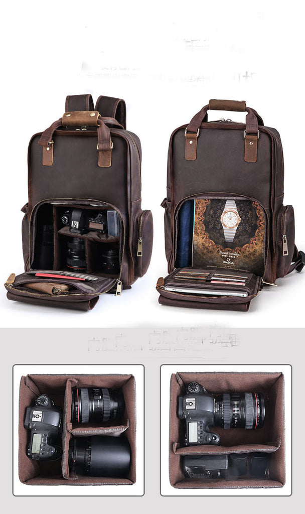 Leather Camera Backpack, Vintage Shoulder Camera Backpack For DSLR/Mirrorless Camera