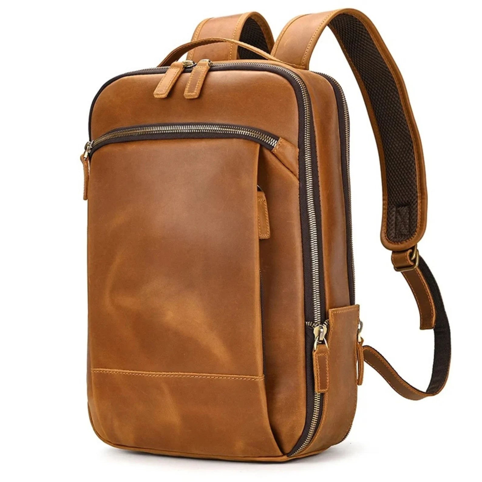 Personalized Leather Backpack 15.6‘’ Laptop Daypack Full Grain Leather School Backpack Vintage Brown / No