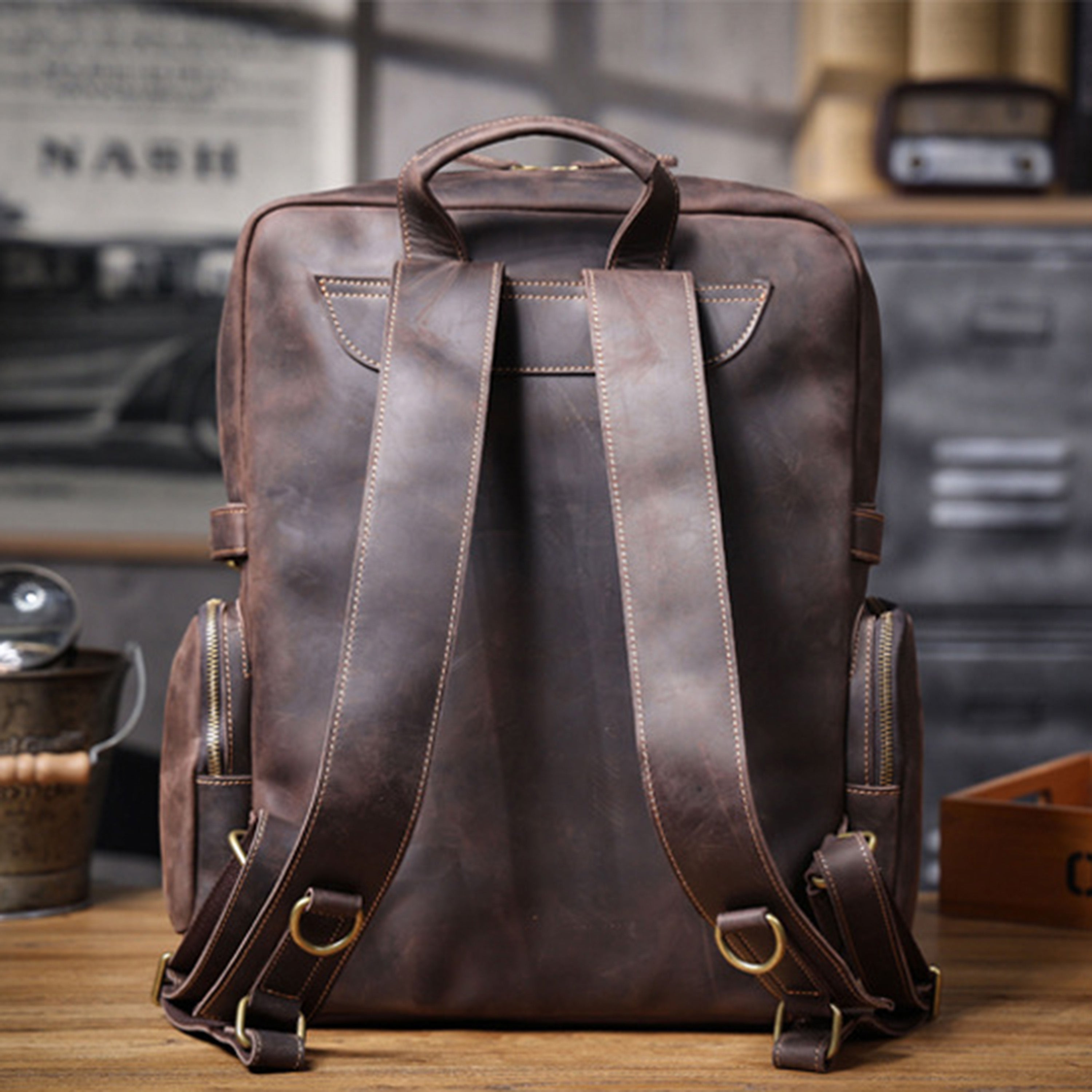 Personalized Full Grain Leather Backpack, Men Leather Travel Backpack, 15'' Laptop Backpack, Best Gift for Him, Dad Gift, Father's Day Gift Dark Brown