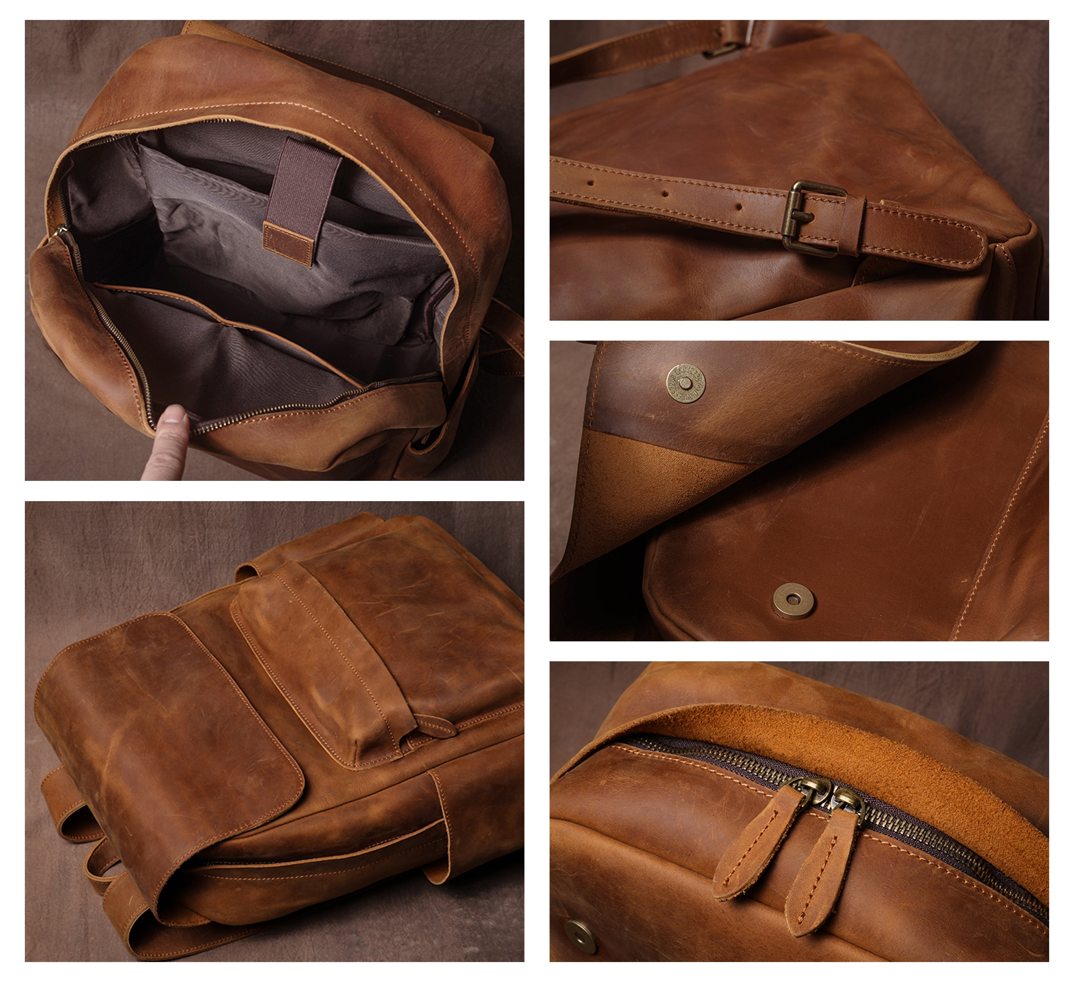 Men's Crazy Horse Leather Backpack Personalized Leather Travel Backpack Large Leather Laptop Backpack Best Gifts For Him Vintage Brown / No