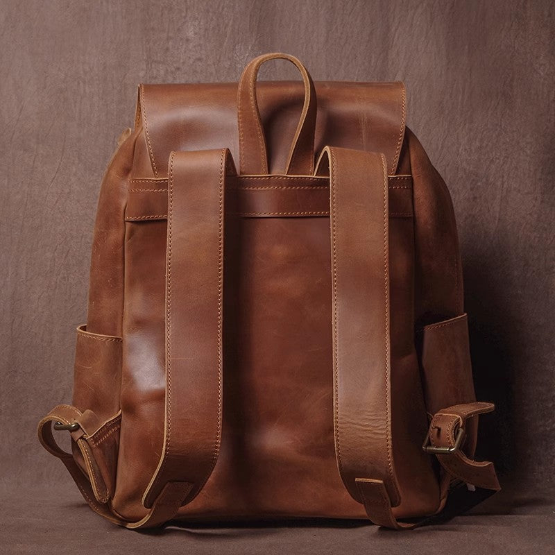 brown faux leather backpack mens Men's Crazy Horse Leather Backpack Personalized Leather Travel Backpack Large Leather Laptop Backpack Best Gifts For Him Vintage Brown / No