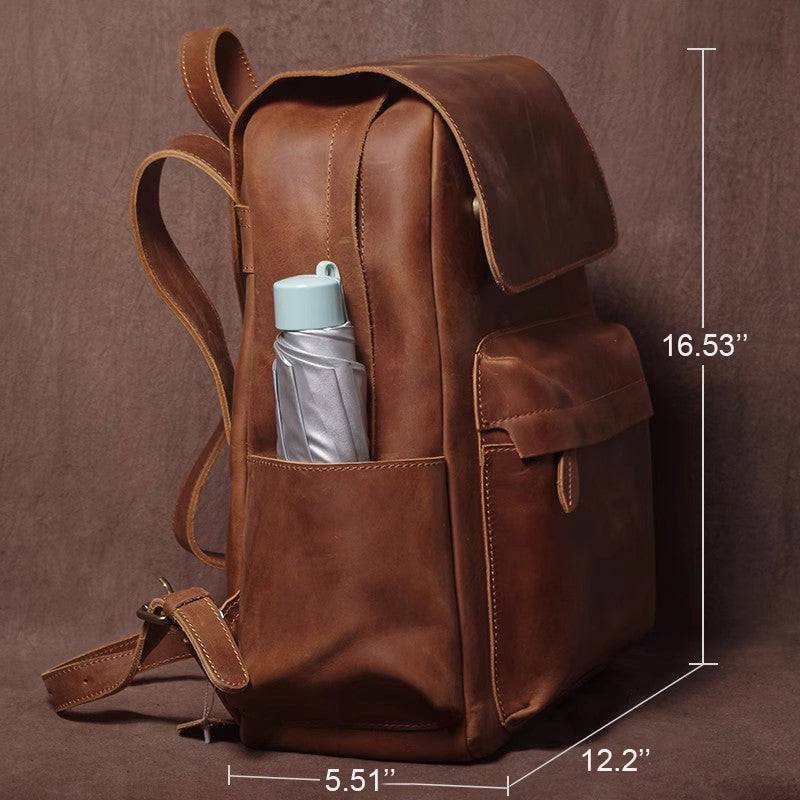 crazy horse men's leather backpack Men's Crazy Horse Leather Backpack Personalized Leather Travel Backpack Large Leather Laptop Backpack Best Gifts For Him Vintage Brown / No