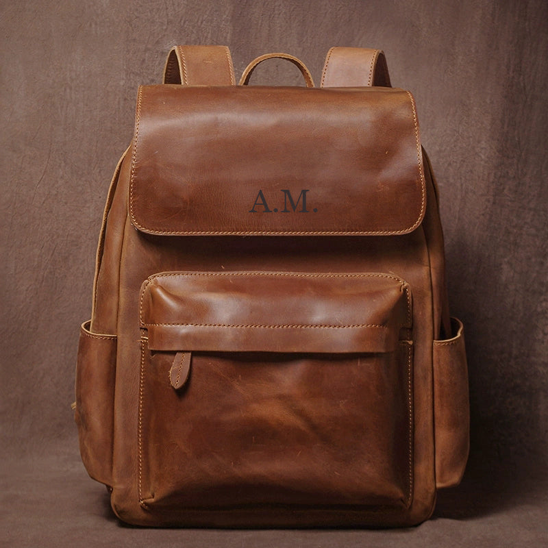 backpack name monogram leather Men's Crazy Horse Personalized Leather Travel Backpac – LISABAG two external side pockets Model:6'0