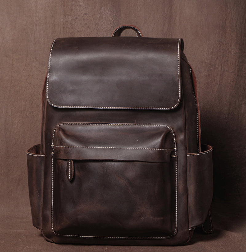 crazy horse leather backpacks Men's Crazy Horse Leather Backpack Personalized Leather Travel Backpack Large Leather Laptop Backpack Best Gifts For Him Dark Brown / No