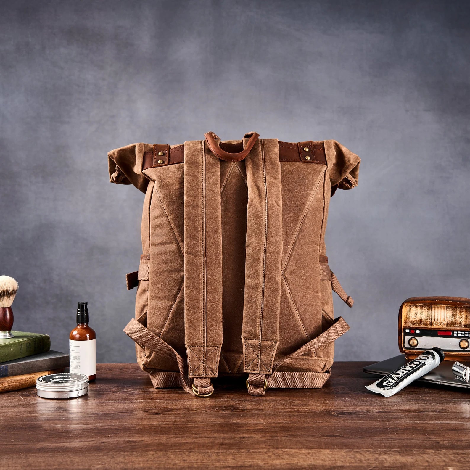 canvas backpacks with custom leather logo Personalized Canvas Backpack Waxed Canvas Leather Backpack Canvas Rucksack Waterproof Backpack Hiking Bag Gray / Yes
