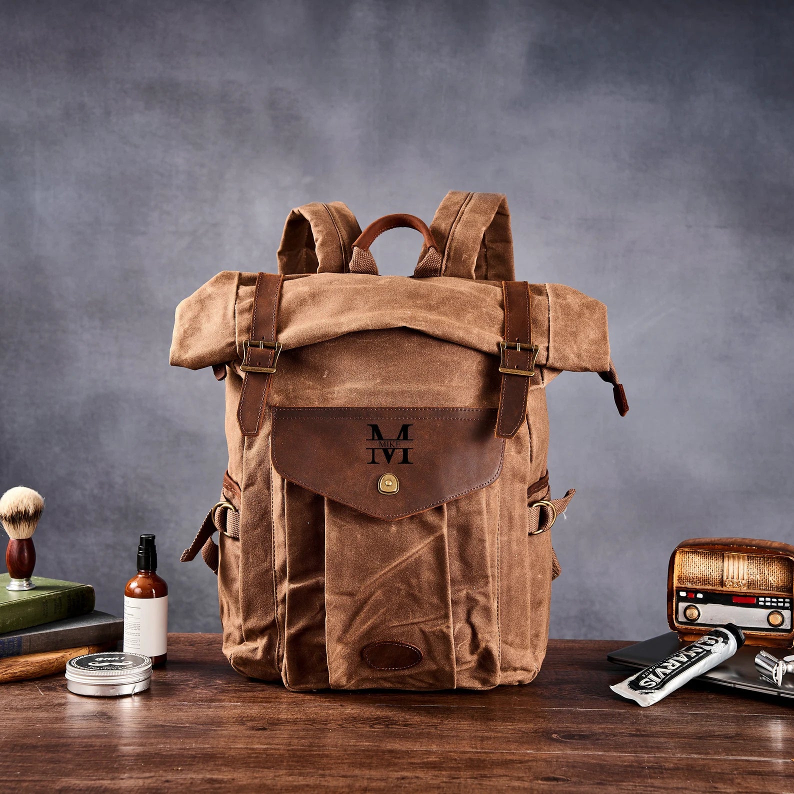 Personalized Canvas Backpack Waxed Canvas Leather Backpack Canvas Rucksack Waterproof Backpack Hiking Bag Coffee / Yes