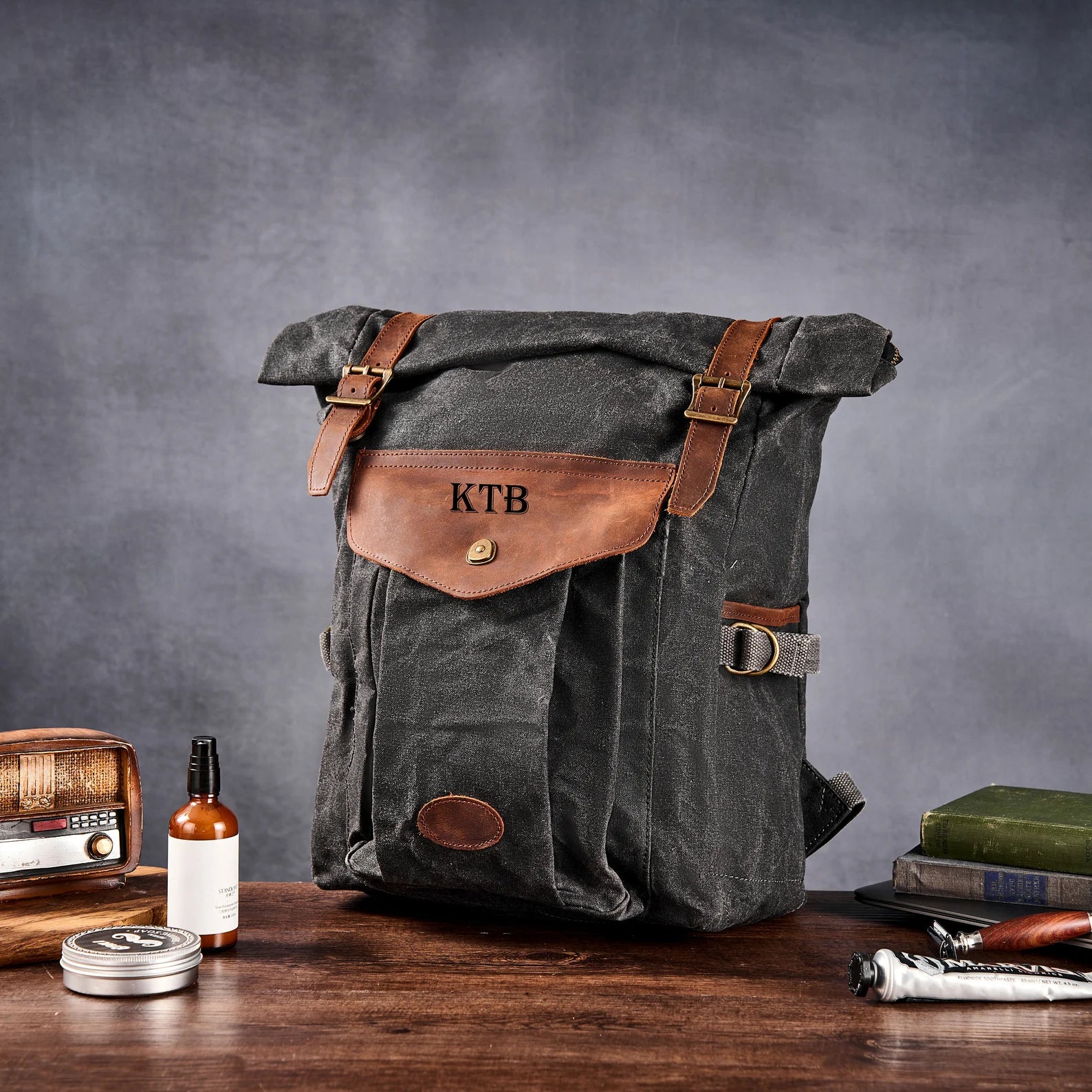 Personalized Canvas Backpack Waxed Canvas Leather Backpack Canvas Rucksack Waterproof Backpack Hiking Bag Gray / Yes