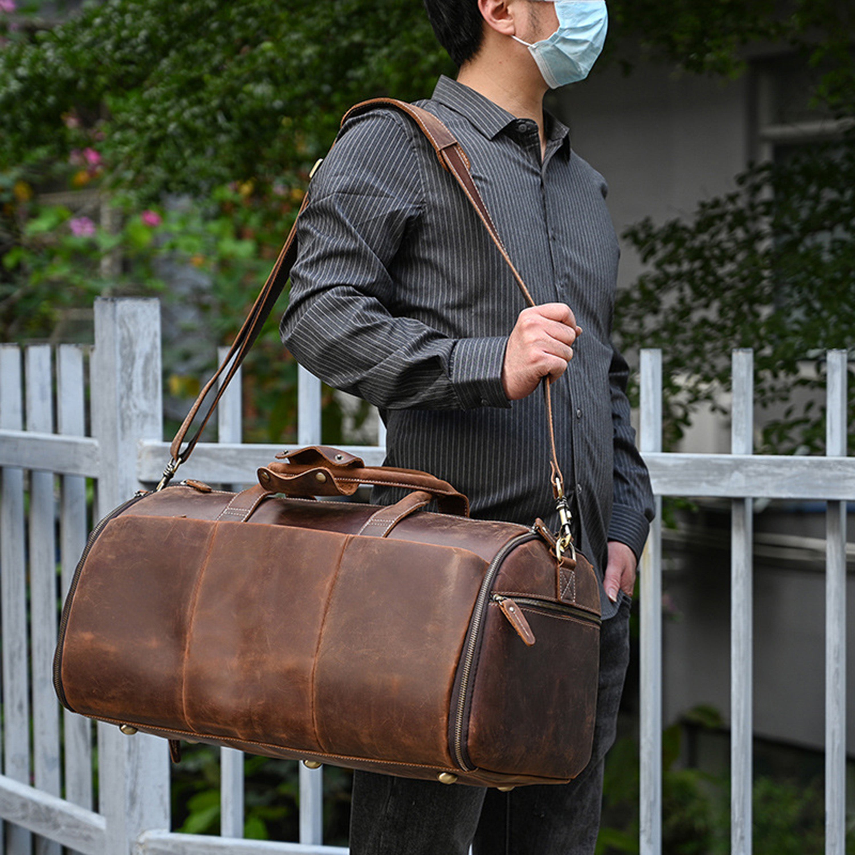 best men's travel garment bag Personalized Leather Garment Duffle Bag, Carry-on Duffel Bag, Hanging Clothes Bag, Weekend Flight Bag with Shoe Pouch, Best Man Gift for Him Coffee /