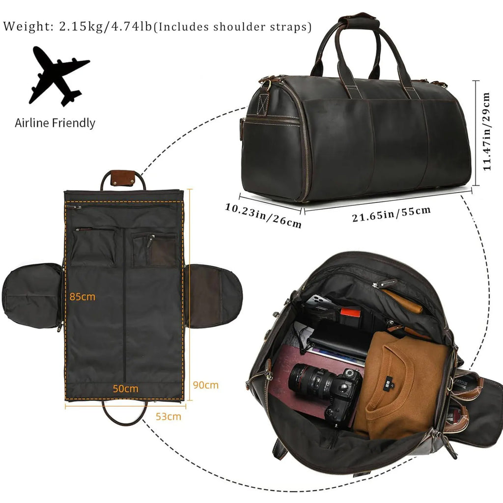 Personalized Carry-on Garment Bag, Convertible Mens Suit Travel Duffle Bag, Leather Duffel Bag with Shoe Pouch, Groomsmen Gift Bag, Unique Gift for Him