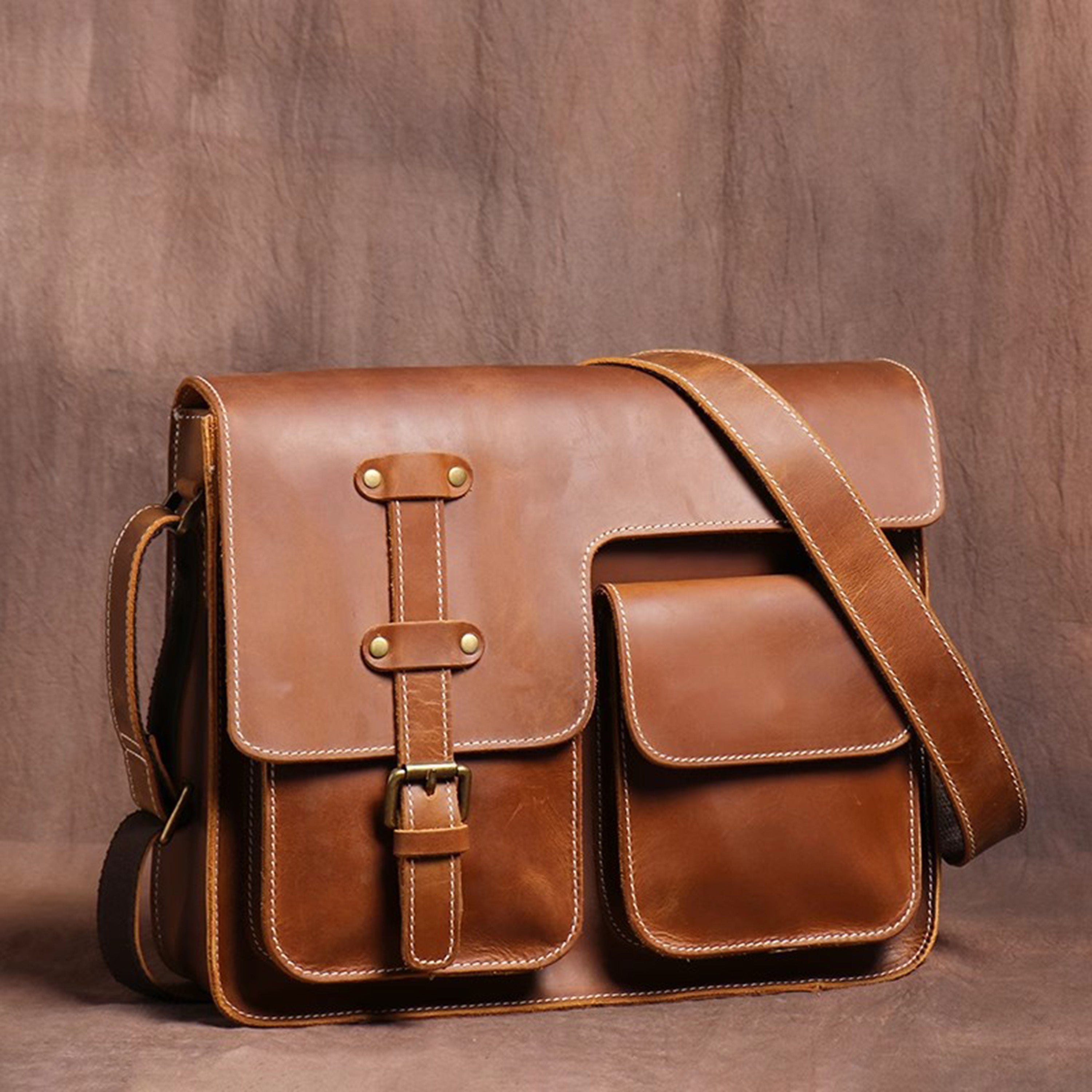 Personalized Leather Messenger Bag, Fit 11