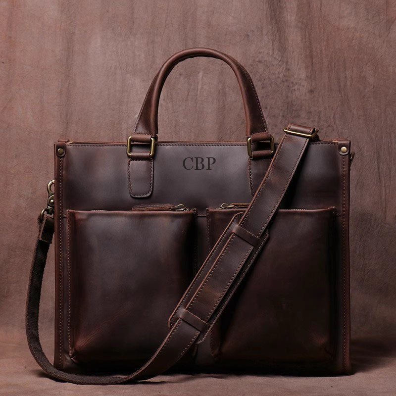 Personalized Leather Laptop Messenger Briefcase Men, Monogram Cross Body Computer Sling Satchel Project Bag, Personalised Groomsmen Gifts
