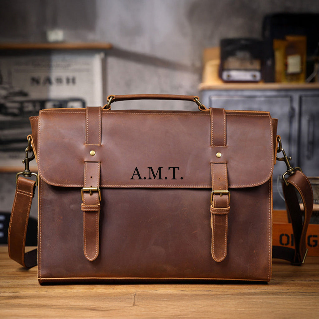 Customized Leather Briefcase, Anniversary Gift for Him, Handmade Leather Laptop Briefcase, Personalized Leather Messenger Bag