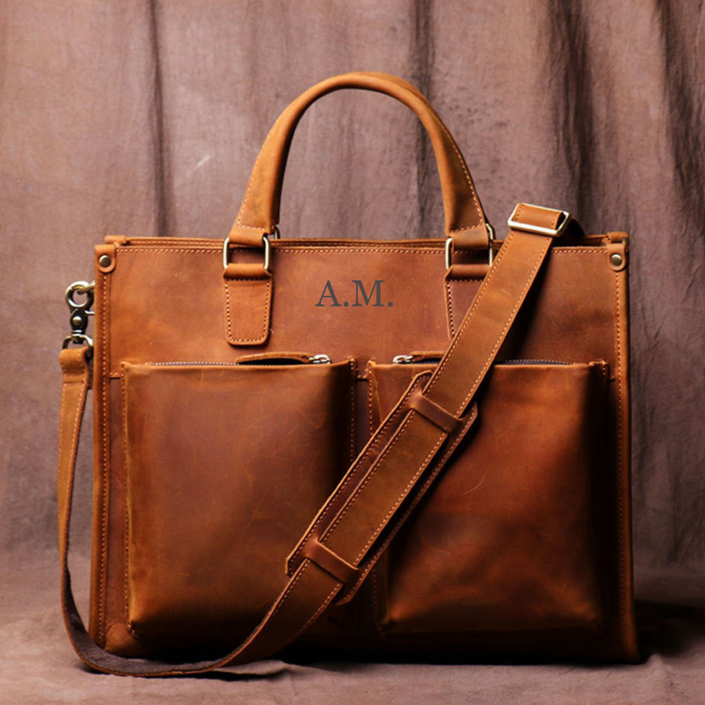 Personalized Leather Laptop Messenger Briefcase Men, Monogram Cross Body Computer Sling Satchel Project Bag, Personalised Groomsmen Gifts