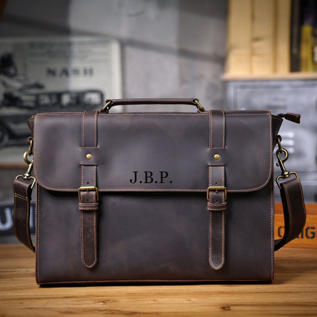 Customized Leather Briefcase, Anniversary Gift for Him, Handmade Leather Laptop Briefcase, Personalized Leather Messenger Bag