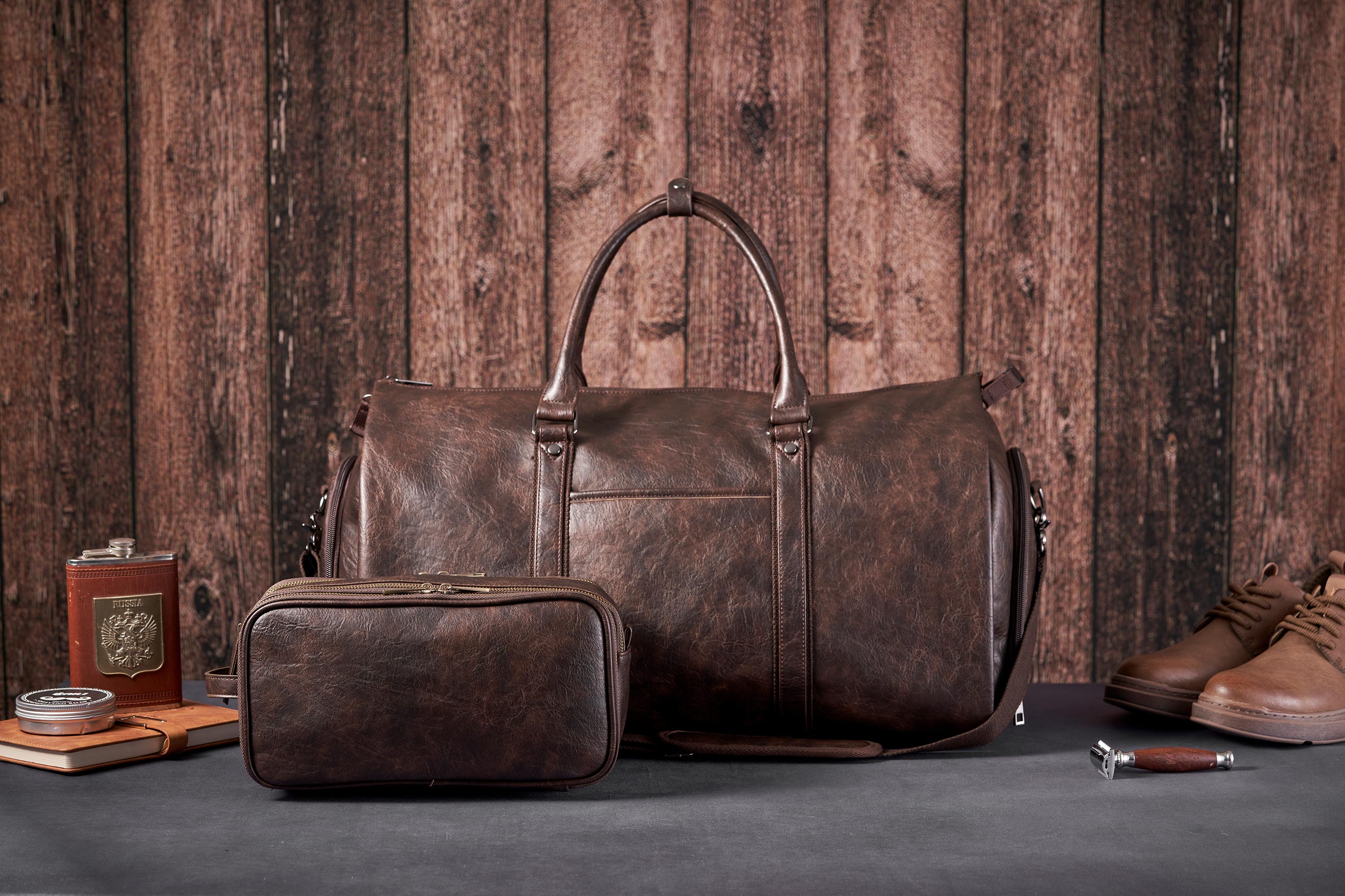 Leather Trolley Travel Bag Men Women with Handle Leather Brown