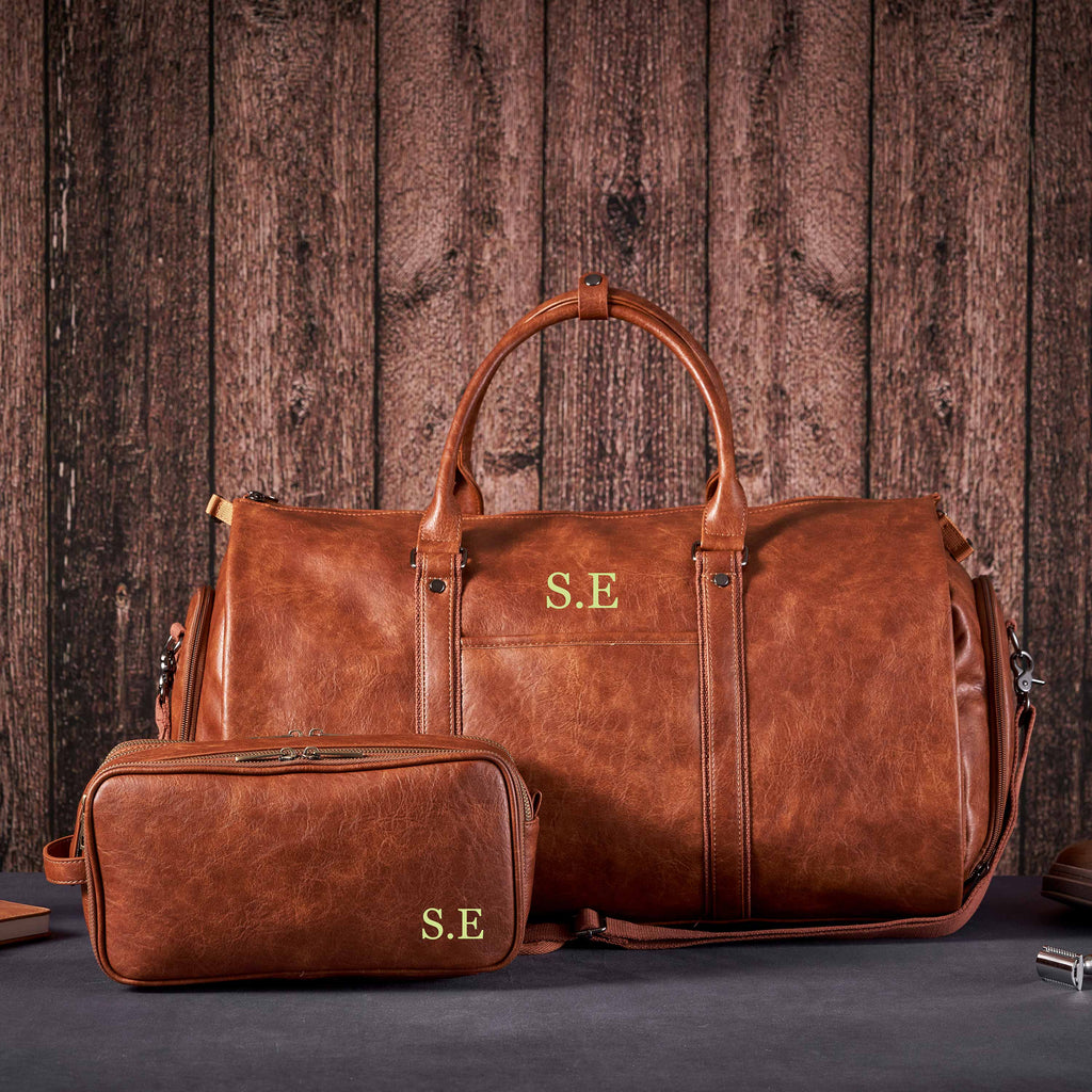 Personalized Vegan Leather Garment Duffle Bag with Toiletry Bag Set, Monogrammed Groomsmen Gift, Leather Dopp Kit Bag