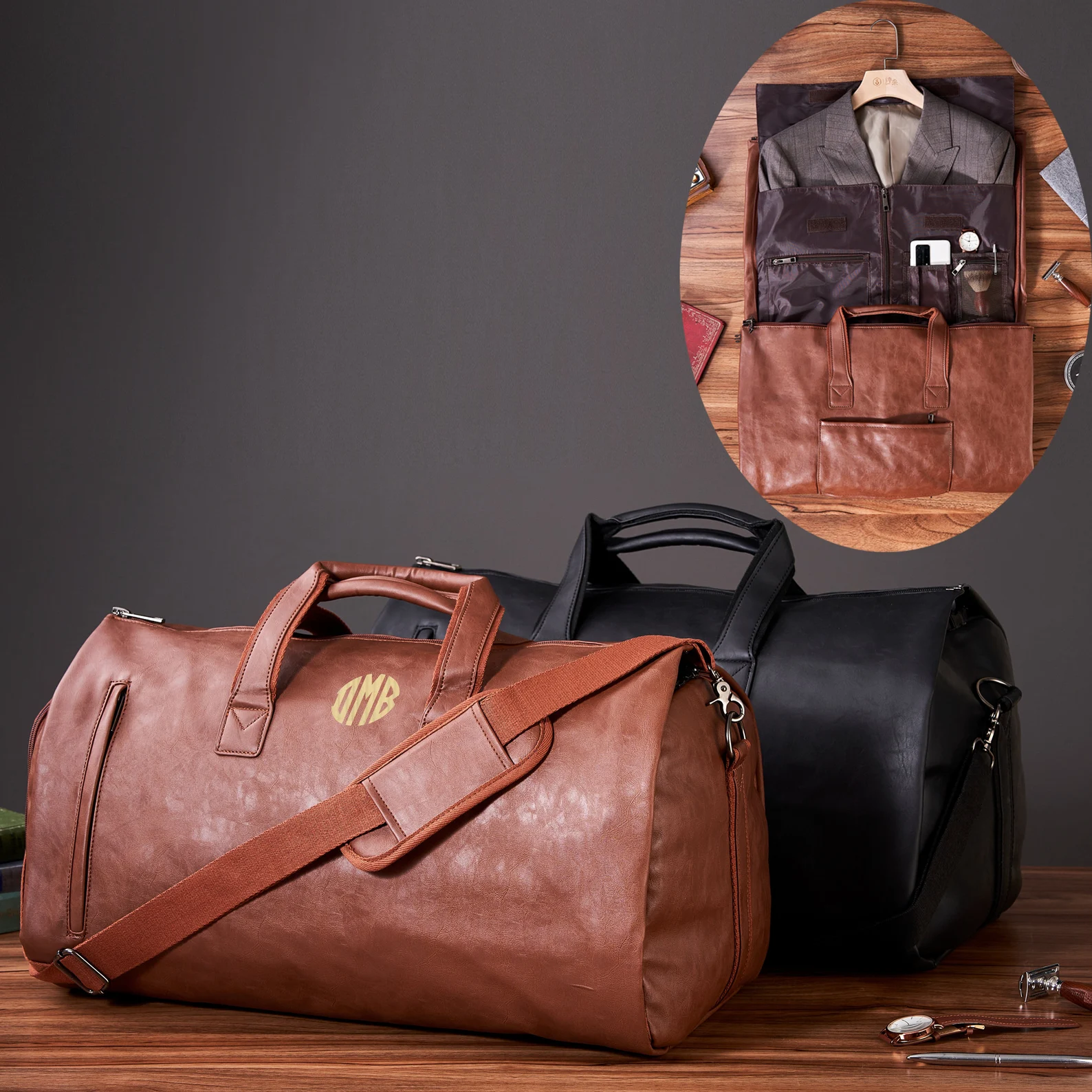 Personalized Waterproof Garment Bag, Mens Convertible Suit Flight Duffle Bag, Overnight Bag with Shoes Compartment, Weekend Bag Vintage Brown / No